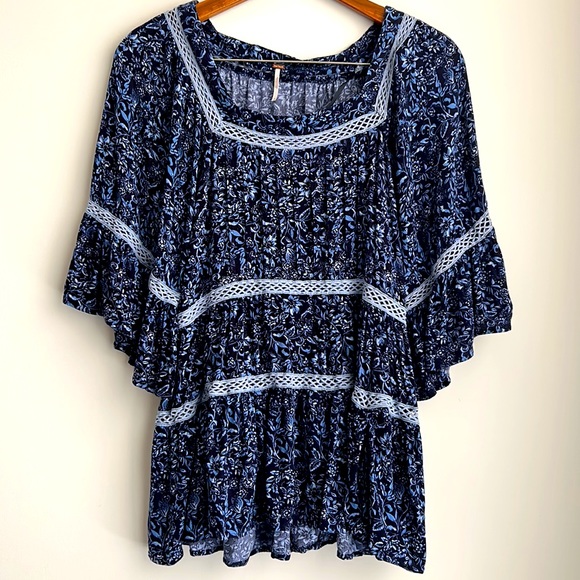 Free People Blue Talk About It Floral Bell Sleeve Tunic Blouse - Picture 4 of 11